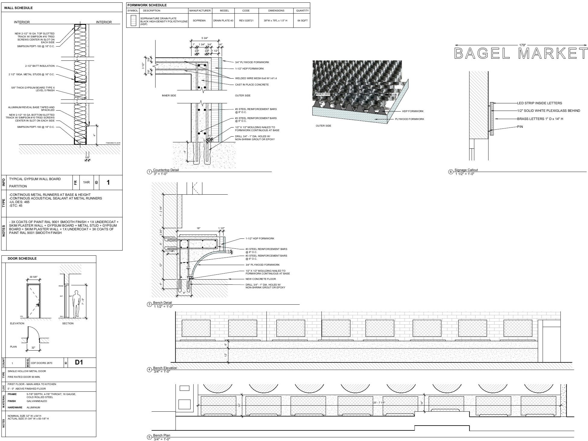 Wall, door, and formwork schedules; countertop, bench, and s
